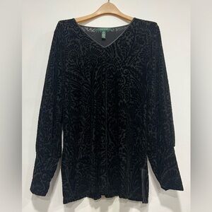 Lauren Ralph Lauren Burnout Velvet Top Womens Plus 1X Black Pullover Floral